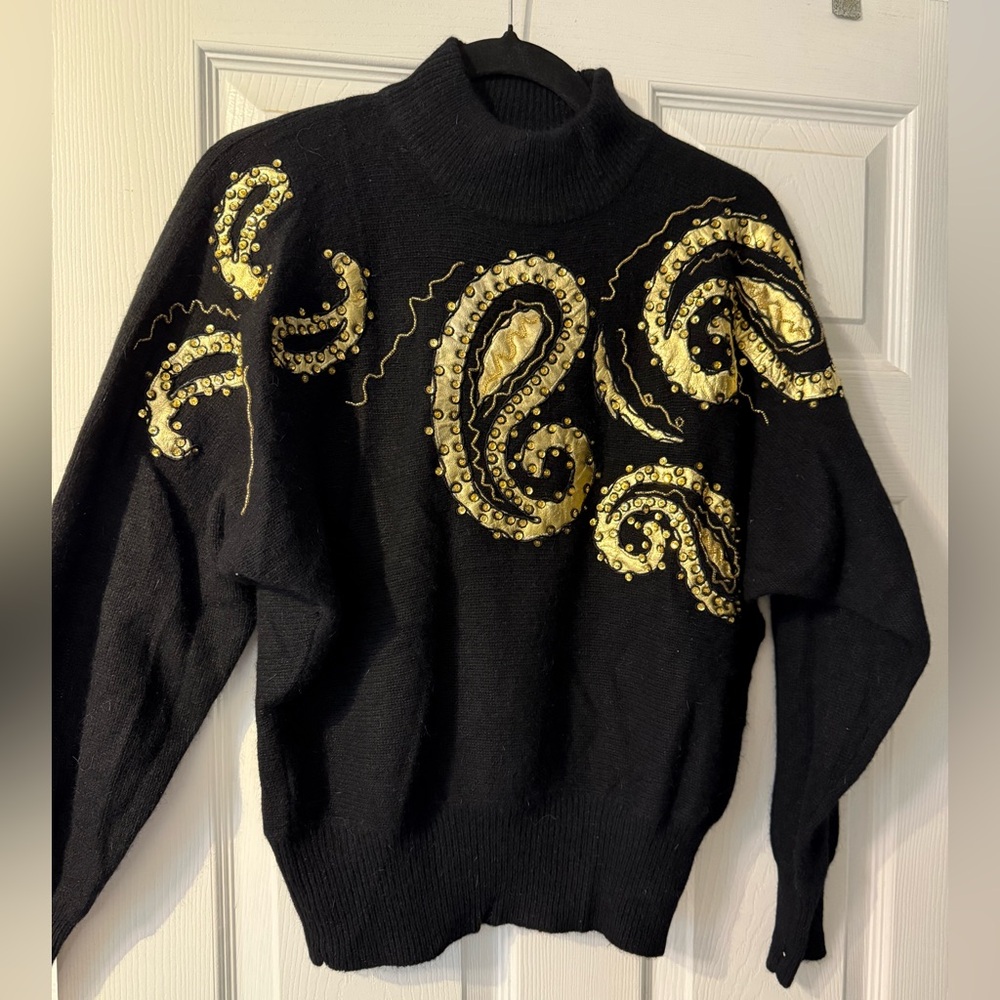 VTG 80's Lillie Rubin Black Wool/Angora with Gold leather & Beading Sweater